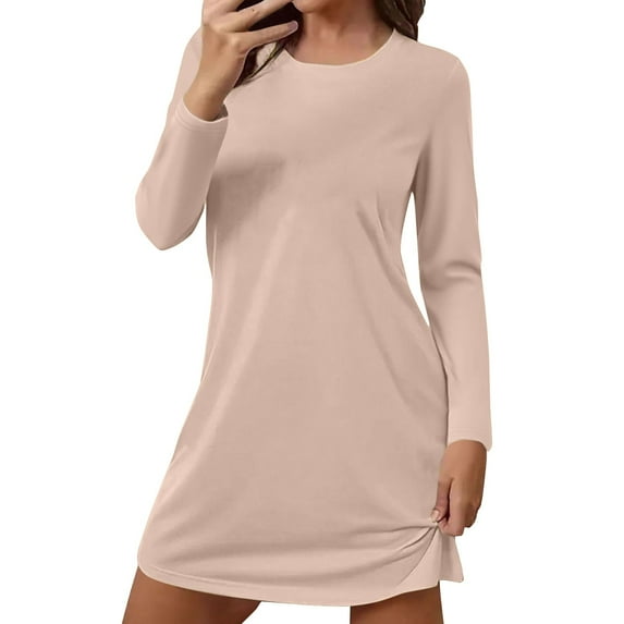 Solid Color Nightgowns for Women Crewneck Long Sleeve Sleepshirt Soft Comfy Dressy Pajamas Casual Sleepwear Khaki XXXXL