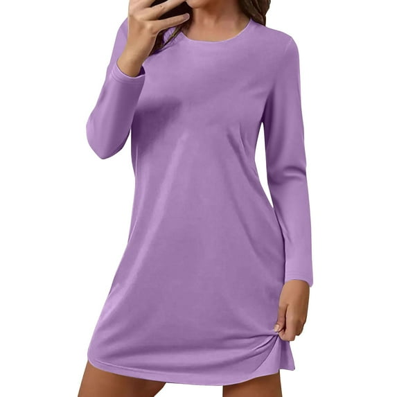 Solid Color Nightgowns for Women Crewneck Long Sleeve Sleepshirt Soft Comfy Dressy Pajamas Casual Sleepwear Light Violet L
