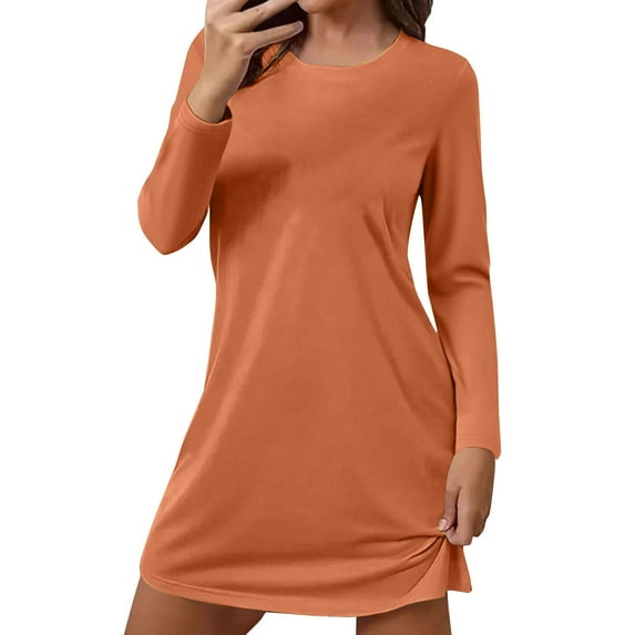 Solid Color Nightgowns for Women Crewneck Long Sleeve Sleepshirt Soft Comfy Dressy Pajamas Casual Sleepwear Orange XXXXL