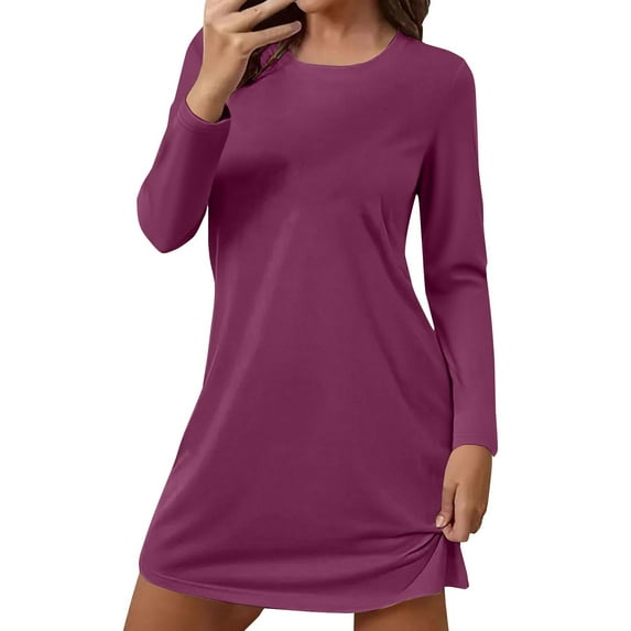 Solid Color Nightgowns for Women Crewneck Long Sleeve Sleepshirt Soft Comfy Dressy Pajamas Casual Sleepwear Purple S