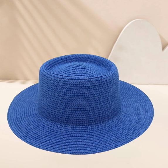 Helii Straw Fedora Hat for Men Women – Wide Brim Summer Beach Sun Hat, Breathable Lightweight Woven Straw Panama Cap, Unisex Foldable Outdoor Travel Hat with Flat Top Blue,One Size