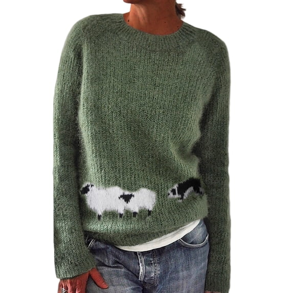 Helii Sweaters for Women Casual Cute Sheep Embroidered Knit Sweater Crewneck Long Sleeve Fall Pullover Top Cozy Warm Comfortable Layering Winter Outfit (L)
