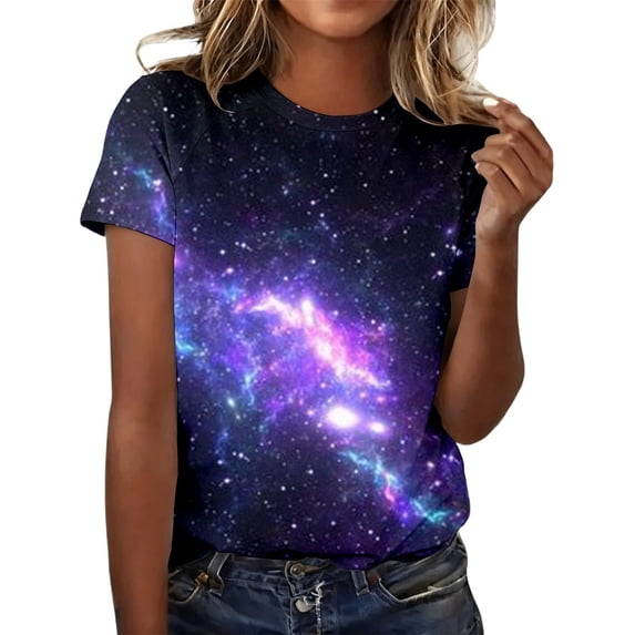 Helii T Shirt for Womens Galactic 3D Starry Print Short Sleeve Tops Casual Loose Planetary Outfit Carnival Fashion Spring Summer Blouses Clothes S-3XL