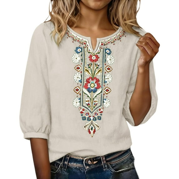 Helii T Shirts Women V Neck Cotton Linen 3/4 Sleeve Casual Tee Tops Comfys Fit Boho Floral Embroidered Blouses Fashion Summer Travel Outfits M-3XL Beige
