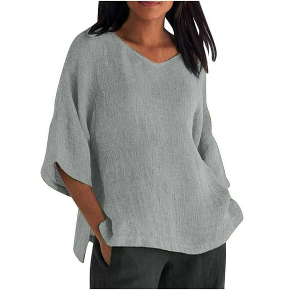 Helii T Shirts for Women V Neck Solid Color 3/4 Sleeve Tops Casual Loose Lightweight Linen Cotton Blouse for Spring Summer Fashion Clothing Gray