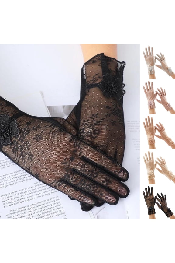 Tea Party Gloves for Women Short Elegant Floral Lace Gloves 1920s Opera Mitten for Bridal Princess Evening Dressy Wedding Beige,Under $3