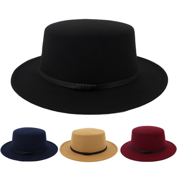 Helii Unisex Polyester Felt Flat Top Wide Brim Fedora Hat Cap with Ribbon Band Vintage Church Party Hat Cap Solid Color Retro Formal Hat Cap for Women Men Daily Church Wedding 4 Colors Headwear