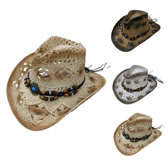 Helii Unisex Straw Cowboy Hat Hollow Out Woven Wide Brim Western Sun Hat Breathable Lightweight Foldable Roll Up Adjustable Summer Beach Travel Hat Black,One Size