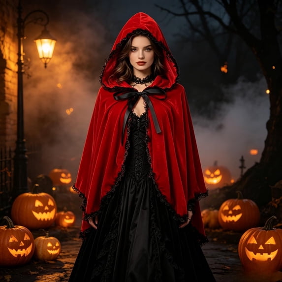 Helii Velvet Hooded Cloak for Women Short Cape with Lace Trim Gothic Little Red Riding Hood Dress Up Costume for Halloween Christmas Party Multiple Sizes