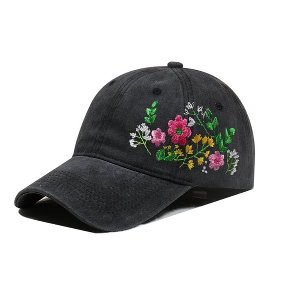 Helii Vintage Washed Colorful Floral Embroidered Dad Hat – 100% Cotton Distressed Baseball Cap, 6-Panel Adjustable Flower Bouquet Dad Cap for Women Men, Outdoor Sun Hat Black,One Size