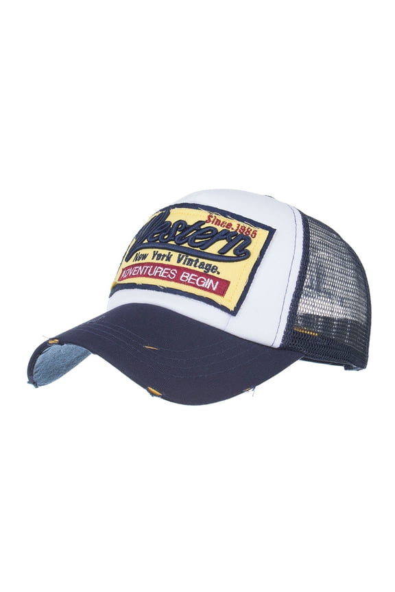 Vintage Western Trucker Hat – Embroidered Word Patch Mesh Snapback Cap, Retro 1985 Slogan Dad Hat for Men Women, Breathable Summer Adjustable Baseball Cap Navy,One Size
