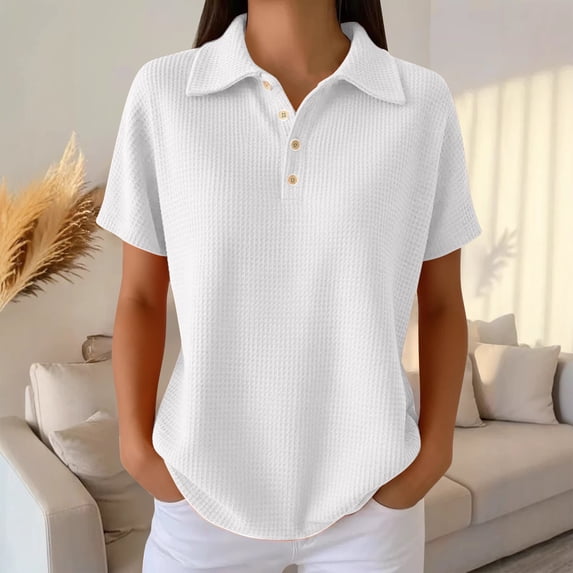 Helii Women's Polo Shirts Short Sleeve V Neck Collared Short Sleeve Knit Linen Blend Casual Loose Plus Size Top
