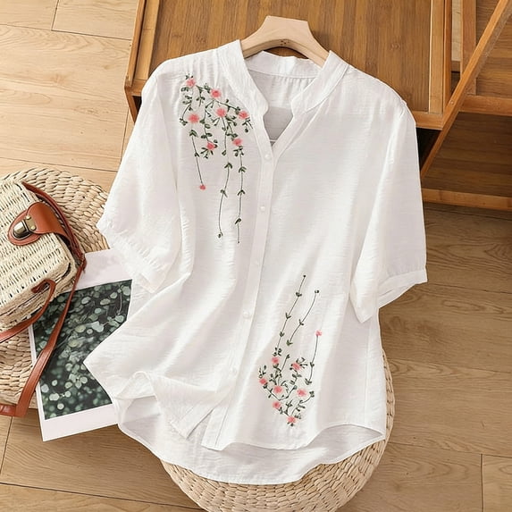 Helii White Womens Tops Women's Solid Color V Neck Embroidered Casual Flowy Blouse Top T Shirts for Women