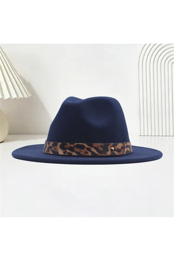 Wide Brim Fedora Hat for Men Women – Leopard Band Panama Hat, Lightweight Cotton Polyester Fedora with Adjustable Fit, Unisex Dress Hat for Wedding Beach Summer Gift Navy,M