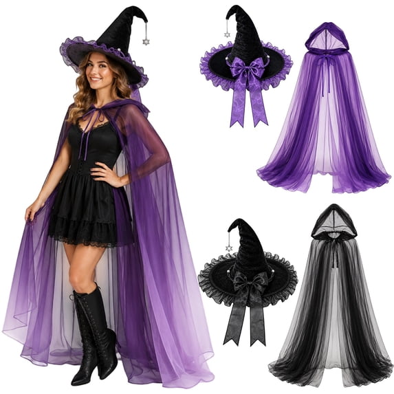 Helii Witch Hat and Cape Set for Women Lightweight Tulle Hooded Cloak with Lace Trim Hat Bow Star Pendant Halloween Cosplay Costume Party Photo Prop Purple Black One Size