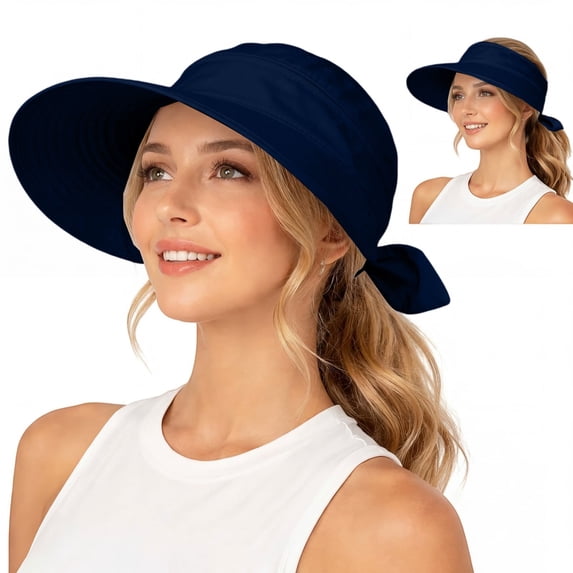 Helii Women 2 in 1 Convertible Sun Visor Hat with Ponytail Hole, Zipper Off Removable Crown Wide Brim UPF 50+ Beach Cap, Quick Dry Foldable Packable Summer Hat for Outdoor Navy,One Size