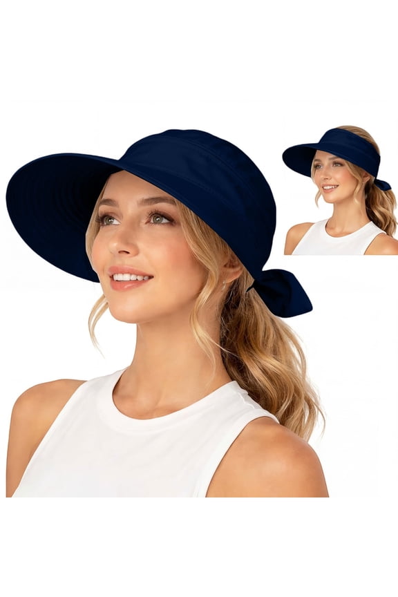 Women 2 in 1 Convertible Sun Visor Hat with Ponytail Hole, Zipper Off Removable Crown Wide Brim UPF 50+ Beach Cap, Quick Dry Foldable Packable Summer Hat for Outdoor Navy,One Size