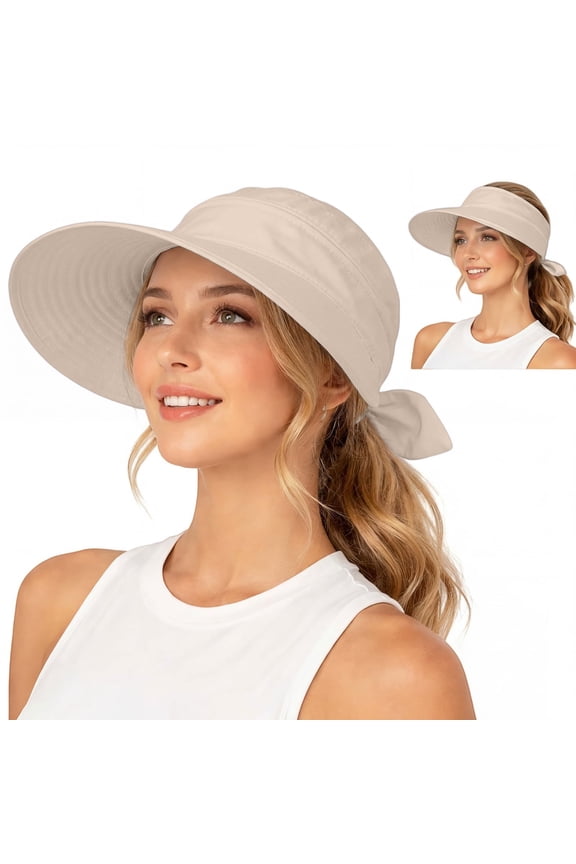 Women 2 in 1 Convertible Sun Visor Hat with Ponytail Hole, Zipper Off Removable Crown Wide Brim UPF 50+ Beach Cap, Quick Dry Foldable Packable Summer Hat for Outdoor Beige,One Size