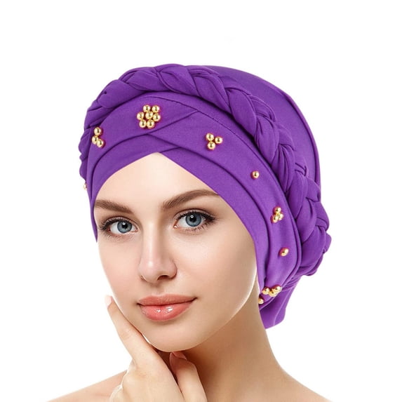 Helii Women Beaded Braid Turban Hat Soft Stretch Headwrap Beanie Cap