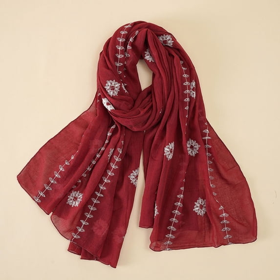 Helii Women Cotton Linen Embroidered Long Scarf Lightweight Soft Shawl Wrap with Floral Botanical Embroidery Large Square Scarf for Travel Beach Summer All Season Gift Red,One Size