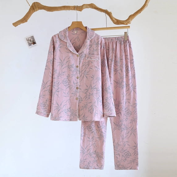 Helii Women Cotton Pajamas Set Long Sleeve Notch Collar Top and Pants Soft Breathable Sleepwear Lounge Set with Bamboo Floral Print Button Down Elastic Waist 2 Piece Pjs 3 Colors Pajama Set