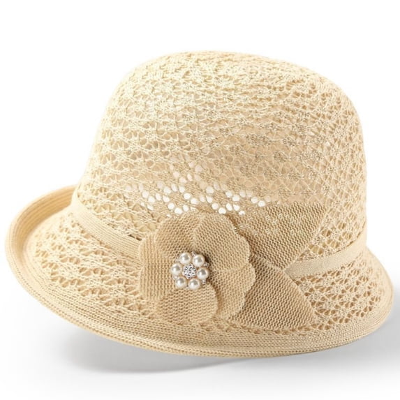 Helii Women Crochet Bucket Hat – Handmade Hollow Out Knit Fisherman Hat, Breathable Lightweight Paper Straw Sun Cap, Foldable Packable Travel Hat with Vintage Flower Pearl Decor Beige,One Size