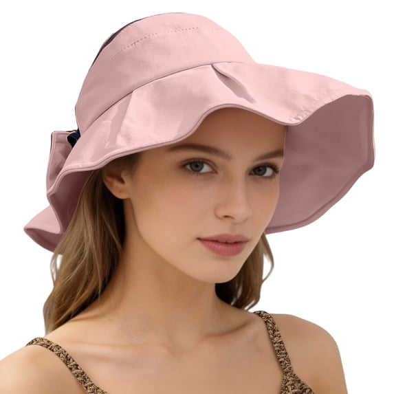 Helii Women Crownless Open Top Sun Hat Wide Brim UV Protection Ponytail Hat with Adjustable Bowknot Drawstring, Foldable Packable Floppy Beach Visor Cap Pink,One Size