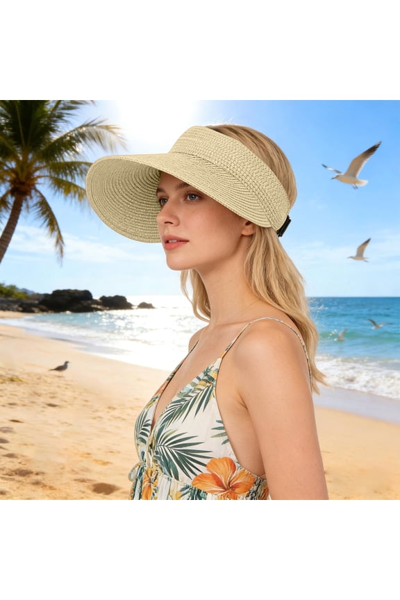 Women Crownless Straw Sun Hat Wide Brim Ponytail Visor, Adjustable Drawstring Packable Foldable Breathable Woven Beach Hat UV Protection for Travel Outdoor Beige,One Size
