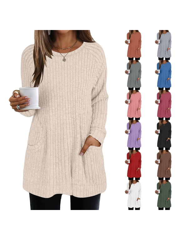 Women Fall Long Sleeve Shirt Tunic Tops Knit Dressy Sweatshirt Crew Neck Pullover Clothes with Pockets for Women Causal Beige M