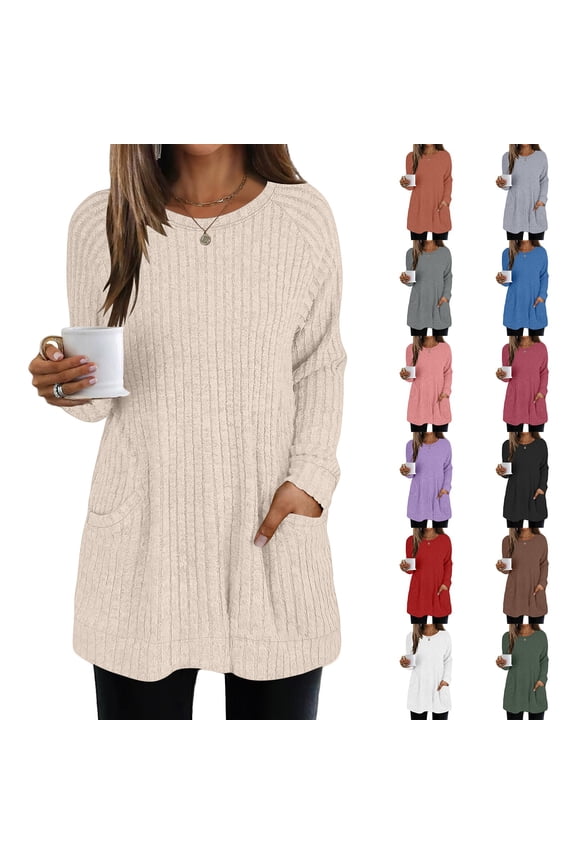 Women Fall Long Sleeve Shirt Tunic Tops Knit Dressy Sweatshirt Crew Neck Pullover Clothes with Pockets for Women Causal Beige XXXXL