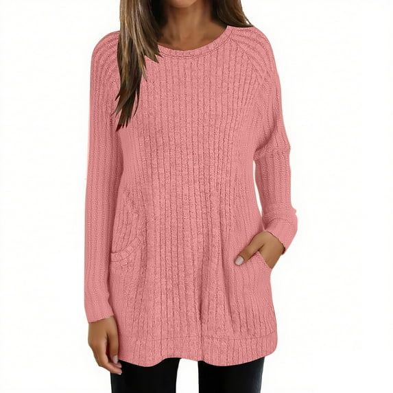Helii Women Fall Long Sleeve Shirt Tunic Tops Knit Dressy Sweatshirt Crew Neck Pullover Clothes with Pockets for Women Causal Pink S