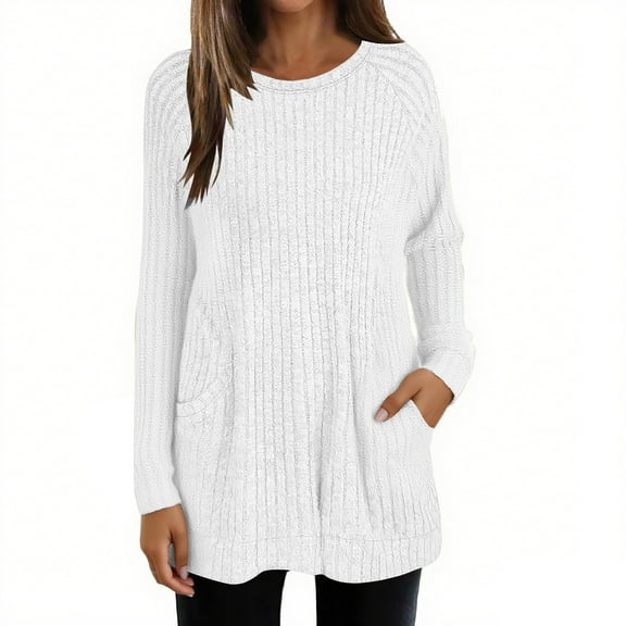 Helii Women Fall Long Sleeve Shirt Tunic Tops Knit Dressy Sweatshirt Crew Neck Pullover Clothes with Pockets for Women Causal White XL
