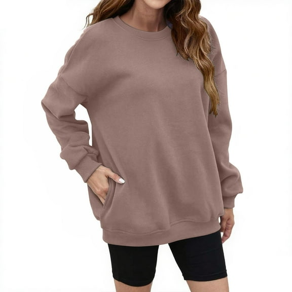 Helii Women Fall Oversize Sweatshirts Crew neck Fleece Long Sleeve Pullover Shirts Y2K Outfit Causal Clothes Brown L