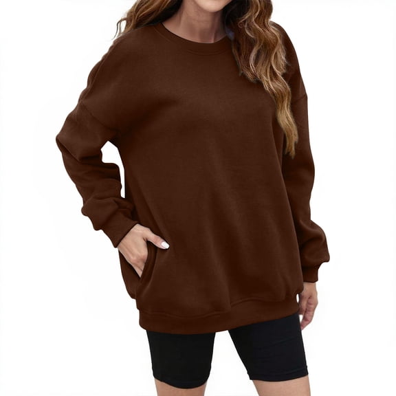 Helii Women Fall Oversize Sweatshirts Crew neck Fleece Long Sleeve Pullover Shirts Y2K Outfit Causal Clothes Coffee L