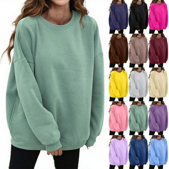 Helii Women Fall Oversize Sweatshirts Crew neck Fleece Long Sleeve Pullover Shirts Y2K Outfit Causal Clothes Green S