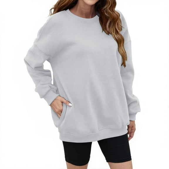 Helii Women Fall Oversize Sweatshirts Crew neck Fleece Long Sleeve Pullover Shirts Y2K Outfit Causal Clothes Light Ashy L