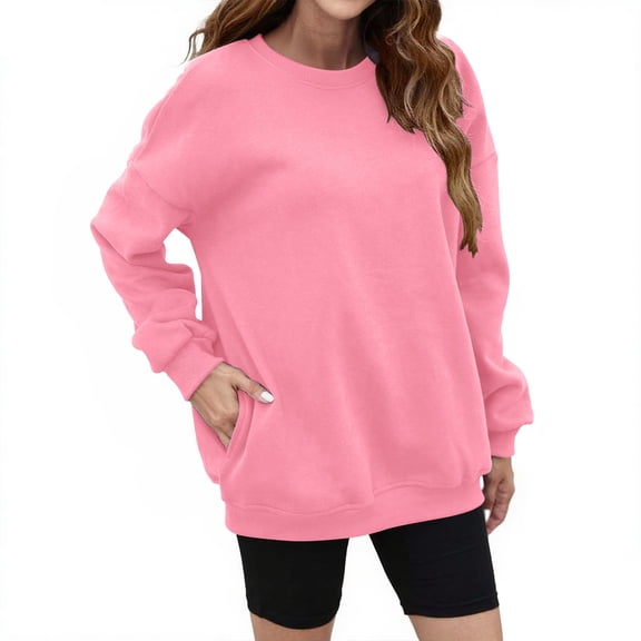 Helii Women Fall Oversize Sweatshirts Crew neck Fleece Long Sleeve Pullover Shirts Y2K Outfit Causal Clothes Pink S