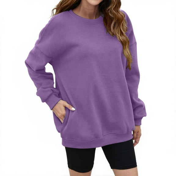 Helii Women Fall Oversize Sweatshirts Crew neck Fleece Long Sleeve Pullover Shirts Y2K Outfit Causal Clothes Purple S