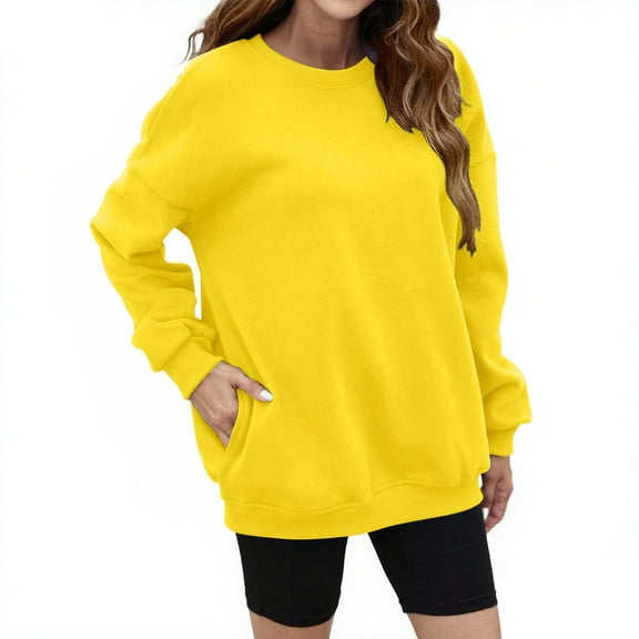 Helii Women Fall Oversize Sweatshirts Crew neck Fleece Long Sleeve Pullover Shirts Y2K Outfit Causal Clothes Yellow XL