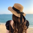 thumbnail image 1 of Helii Women Flat Top Straw Wide Brim Sun Hat Boater with Ribbon Bow and Long Streamers, Frayed Edge Floppy Beach Hat Linen Like Woven Breathable Foldable Panama Fedora Cap D,One Size, 1 of 4