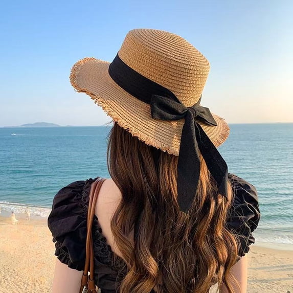 Helii Women Flat Top Straw Wide Brim Sun Hat Boater with Ribbon Bow and Long Streamers, Frayed Edge Floppy Beach Hat Linen Like Woven Breathable Foldable Panama Fedora Cap D,One Size