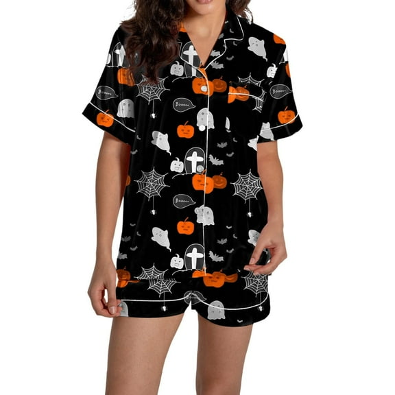 Helii Women Halloween Graphic Printed Button Shirt Pajamas Sets Silk Satin Cute Sleepwear Short Sleeve Tops Black S