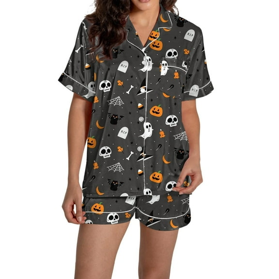 Helii Women Halloween Graphic Printed Button Shirt Pajamas Sets Silk Satin Cute Sleepwear Short Sleeve Tops Grey XL