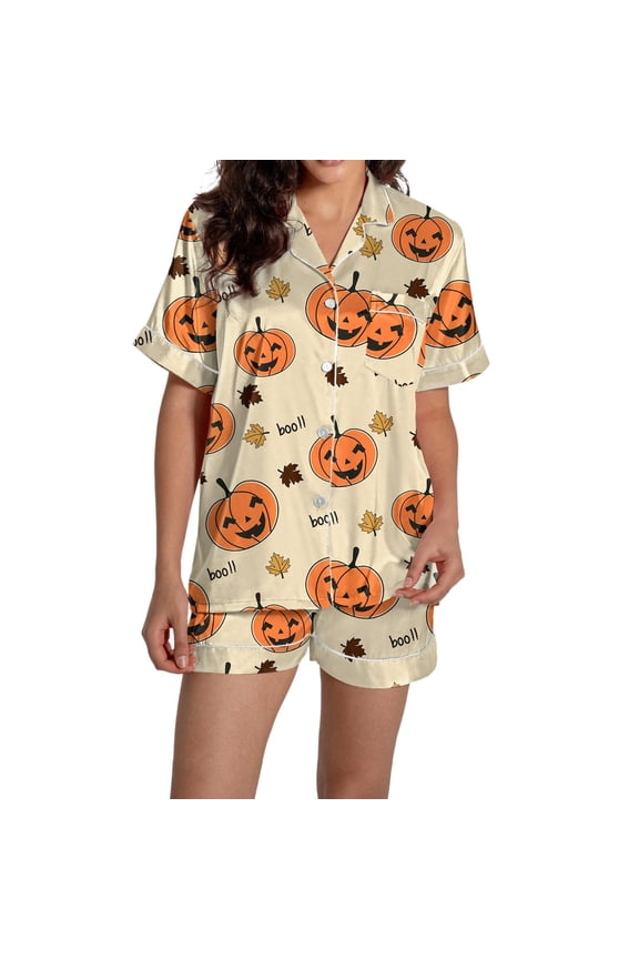Women Halloween Graphic Printed Button Shirt Pajamas Sets Silk Satin Cute Sleepwear Short Sleeve Tops Orange S