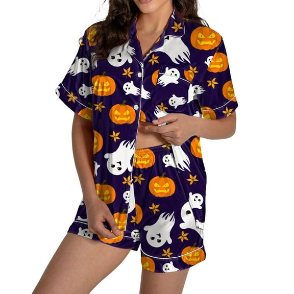 Helii Women Halloween Graphic Printed Button Shirt Pajamas Sets Silk Satin Cute Sleepwear Short Sleeve Tops Purple XXL
