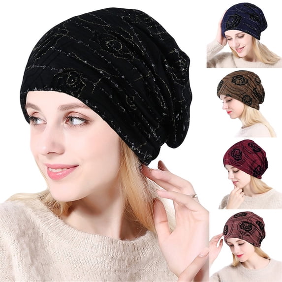 Helii Women Knit Rose Lace Turban Hat Head Wrap Scarf Pre-Tied Elastic Soft Beanie Hat for Women Daily Wear Adult Headbands