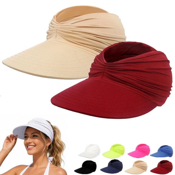Helii Women Ponytail Sun Hat 2 Pack, Wide Brim Visor Crownless Breathable Elastic Cap with Pleated Design, Foldable Packable Beach Running Travel Hat Brick Red,One Size