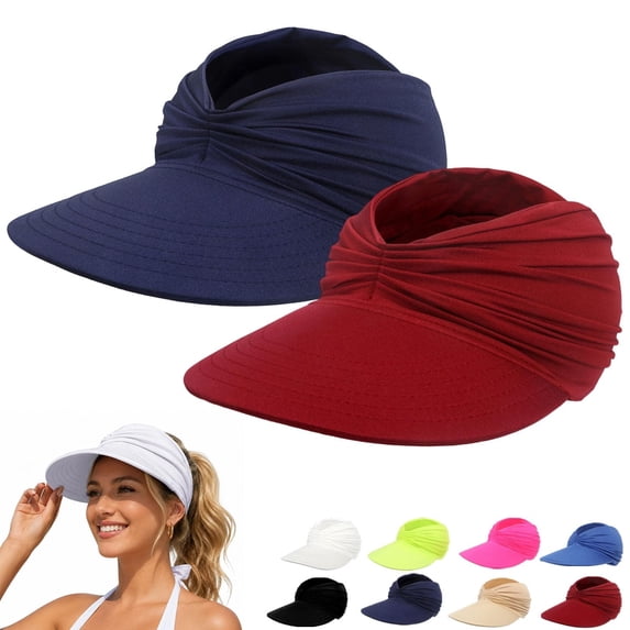 Helii Women Ponytail Sun Hat 2 Pack, Wide Brim Visor Crownless Breathable Elastic Cap with Pleated Design, Foldable Packable Beach Running Travel Hat Wine,One Size