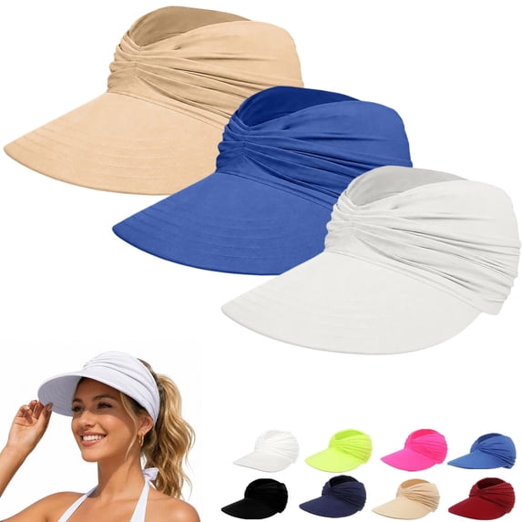 Helii Women Ponytail Sun Hat 3 Pack, Wide Brim Visor Crownless Breathable Elastic Cap with Pleated Detail, Foldable Packable Beach Running Travel Hat Light Ashy,One Size