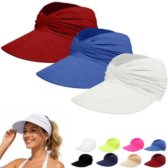 Helii Women Ponytail Sun Hat 3 Pack, Wide Brim Visor Crownless Breathable Elastic Polyester Cap with Twist Detail, Foldable Summer Beach Hat for Travel Running Blue,One Size